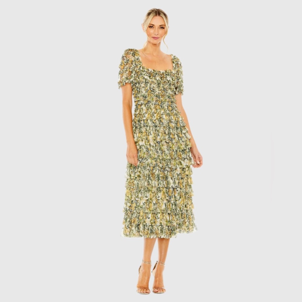 MAC DUGGAL Multicolor Short Sleeve Micro Ruffle Tea Length Dress
